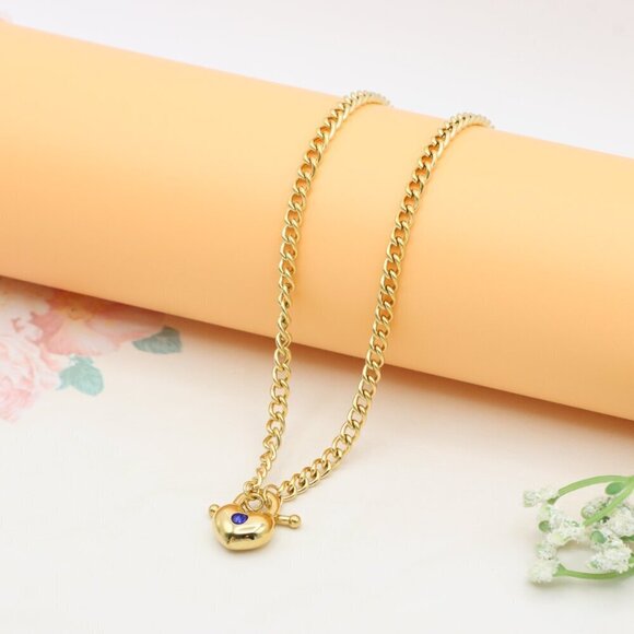 Heart Charm Gold Necklace with Blue Stone – Elegant Chain Style, XPNL0379 - Picture 9 of 13
